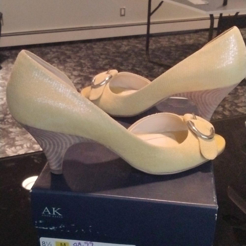 yellow shoes heels open toe business casual shoe Anne Klein
